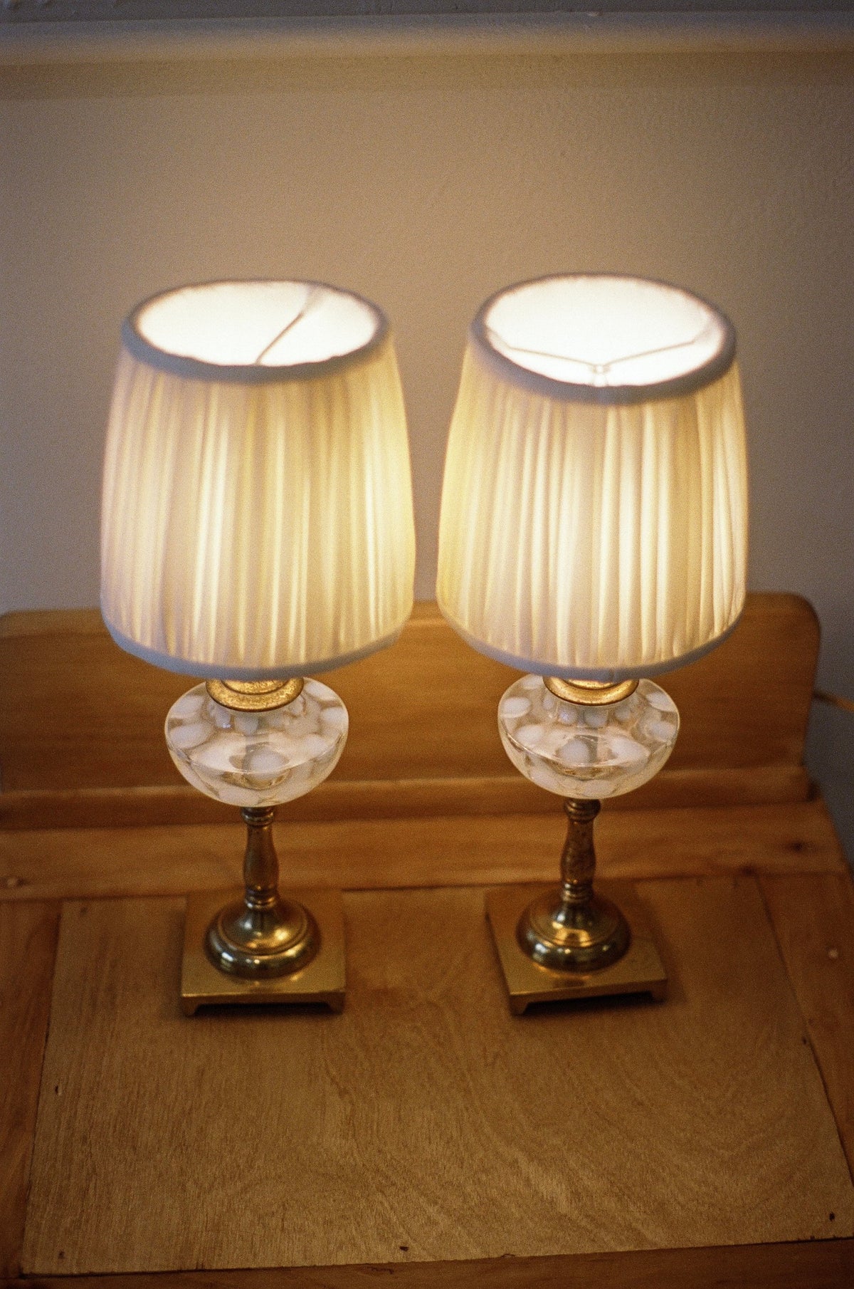Pair of Vintage Coin Dot Glass and Brass Table Lamps